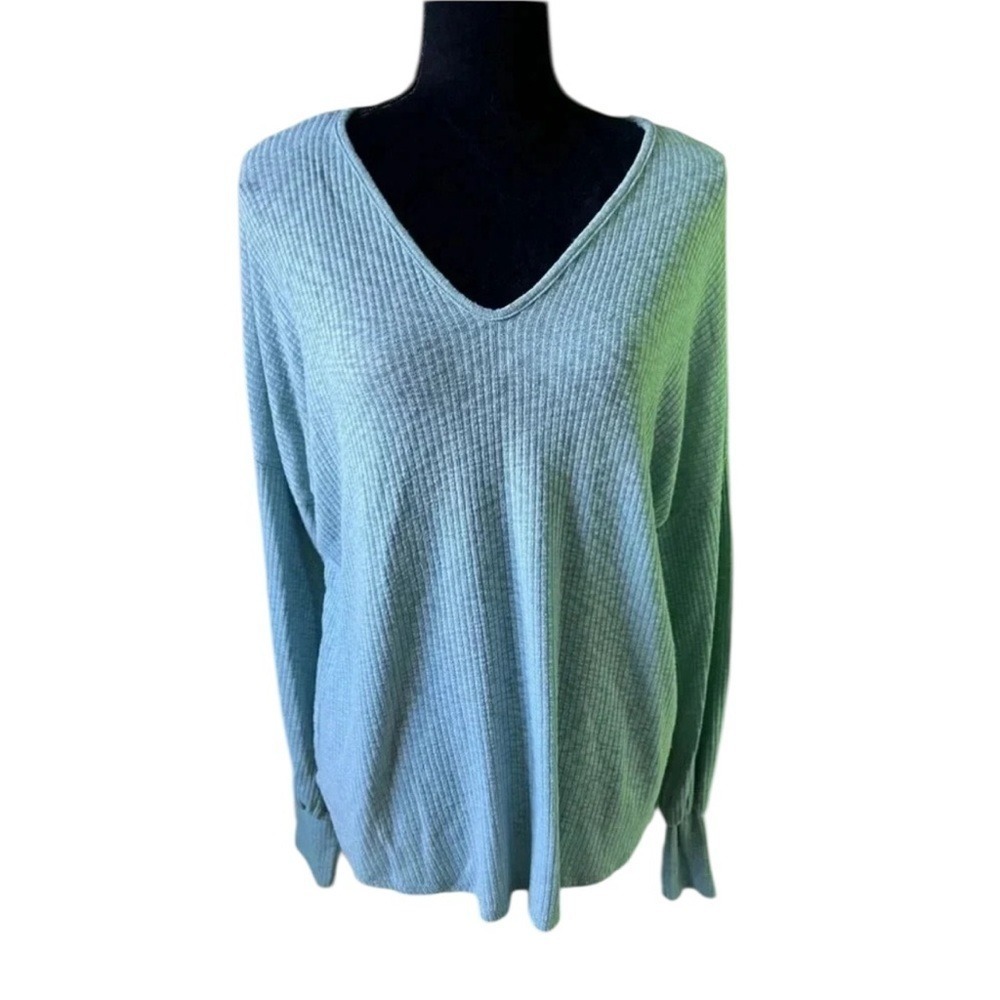 Abela Story + Co V-Neck Ribbed Knit Top Women Medium Blue